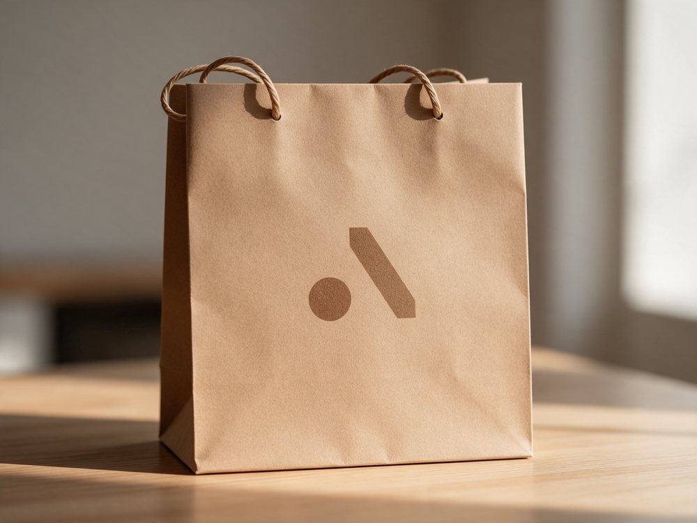 A kraft paper shopping bag with rope handles on a wooden counter