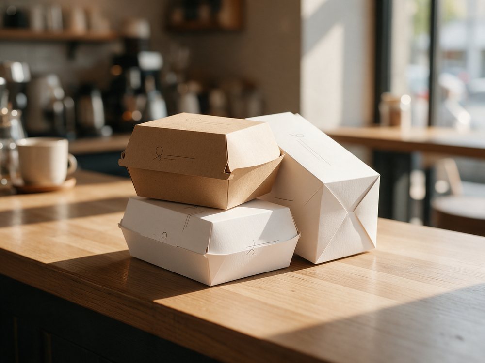 Custom printed takeaway boxes stacked on a caf&eacute; counter