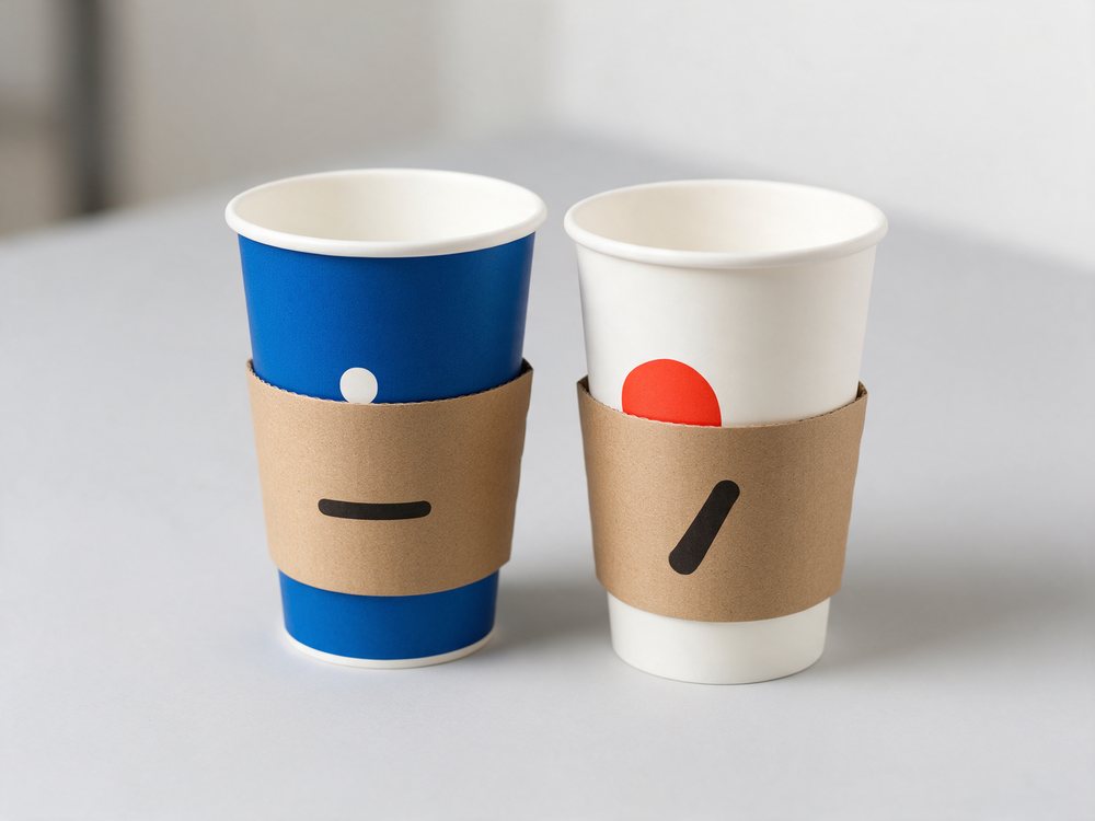 Two printed paper cups with a kraft sleeve