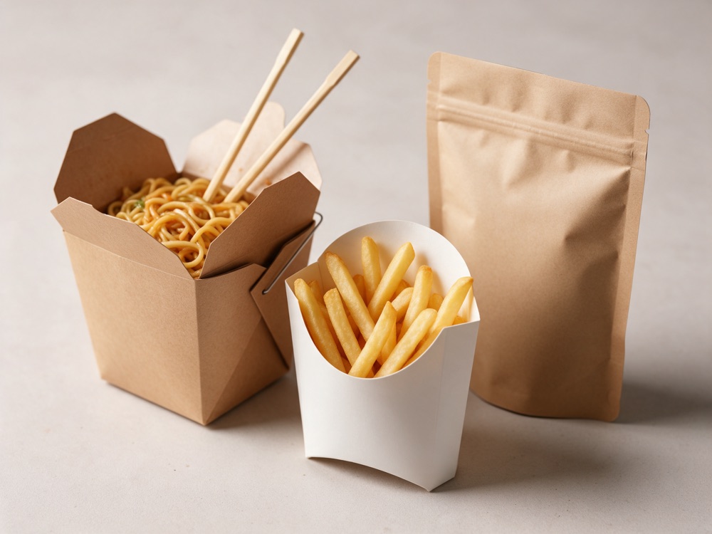 A kraft noodle box, a white fry carton and a kraft stand-up pouch on a pale grey surface