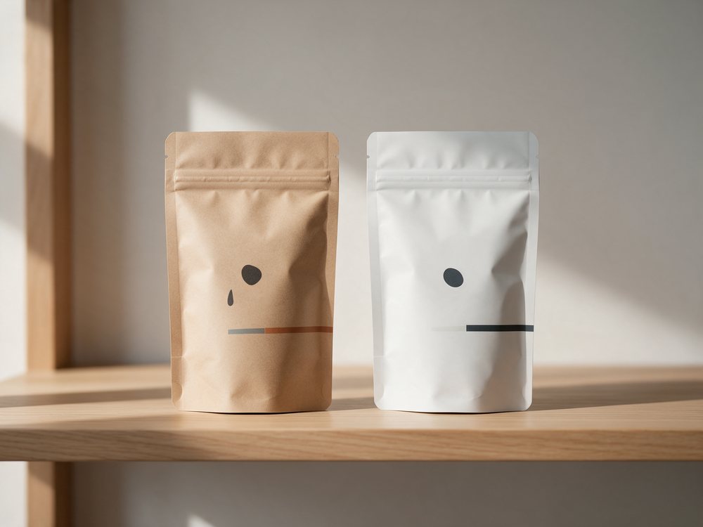 Two custom printed stand-up pouches on a wooden shelf, one with a zipper