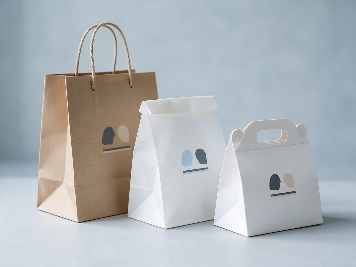 Custom printed paper bags — a kraft shopping bag with rope handles, a bakery bag and a tote