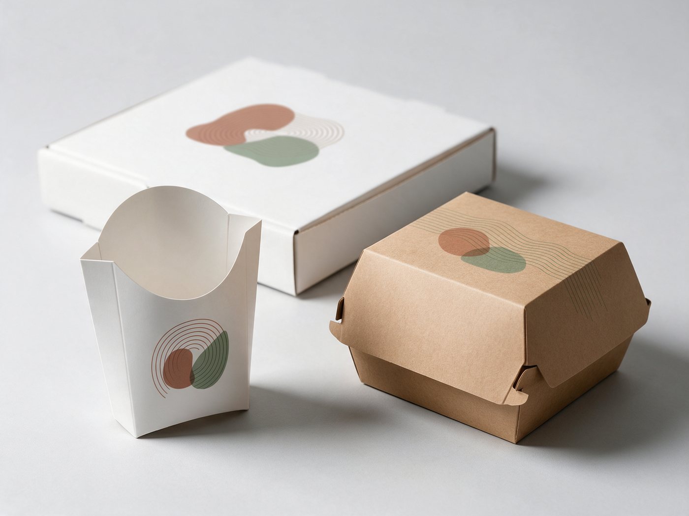 Custom printed food boxes — a white pizza box, a kraft burger clamshell and a printed fry scoop