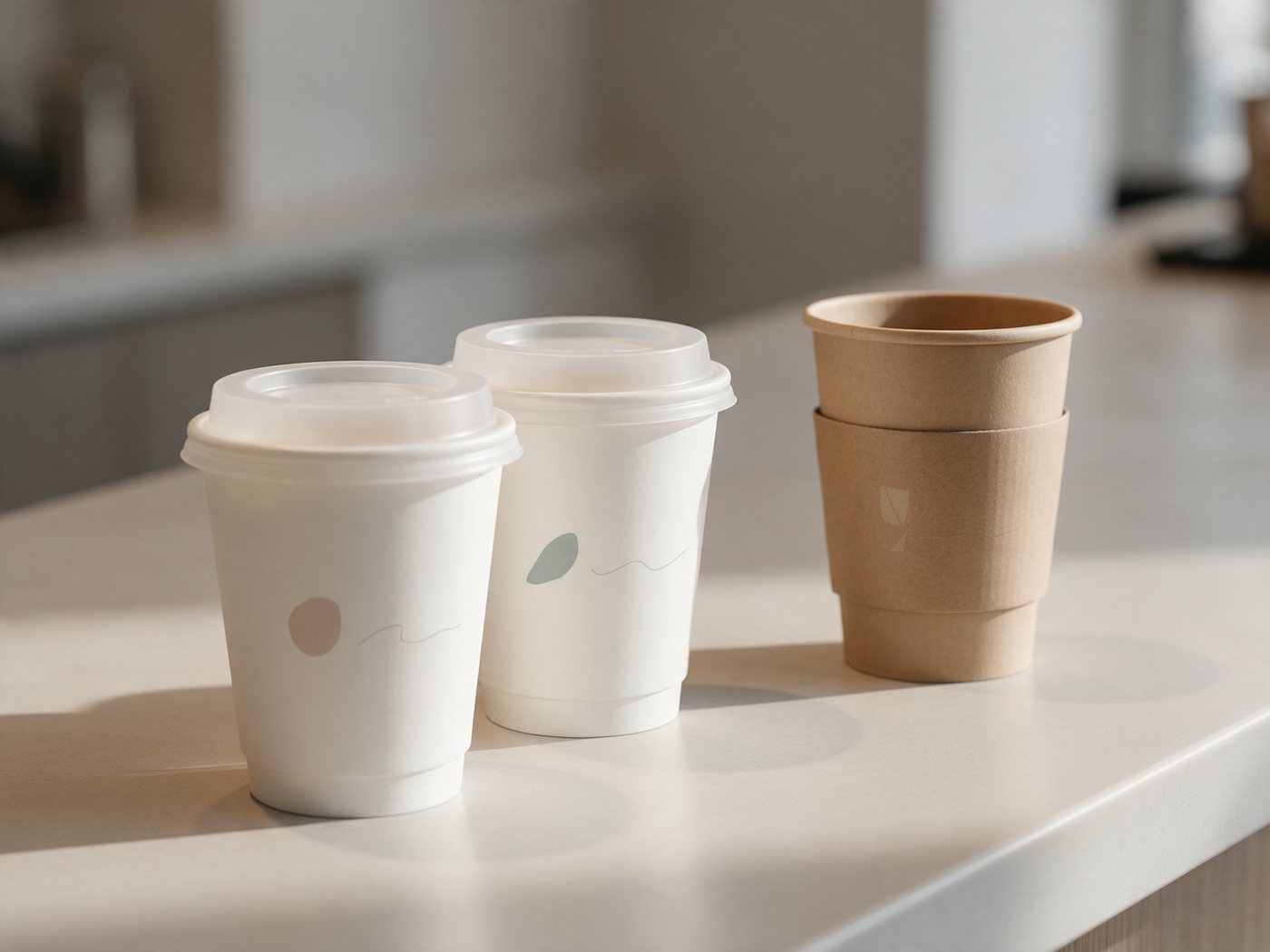 Custom printed paper coffee cups with a kraft sleeve on a caf&eacute; counter