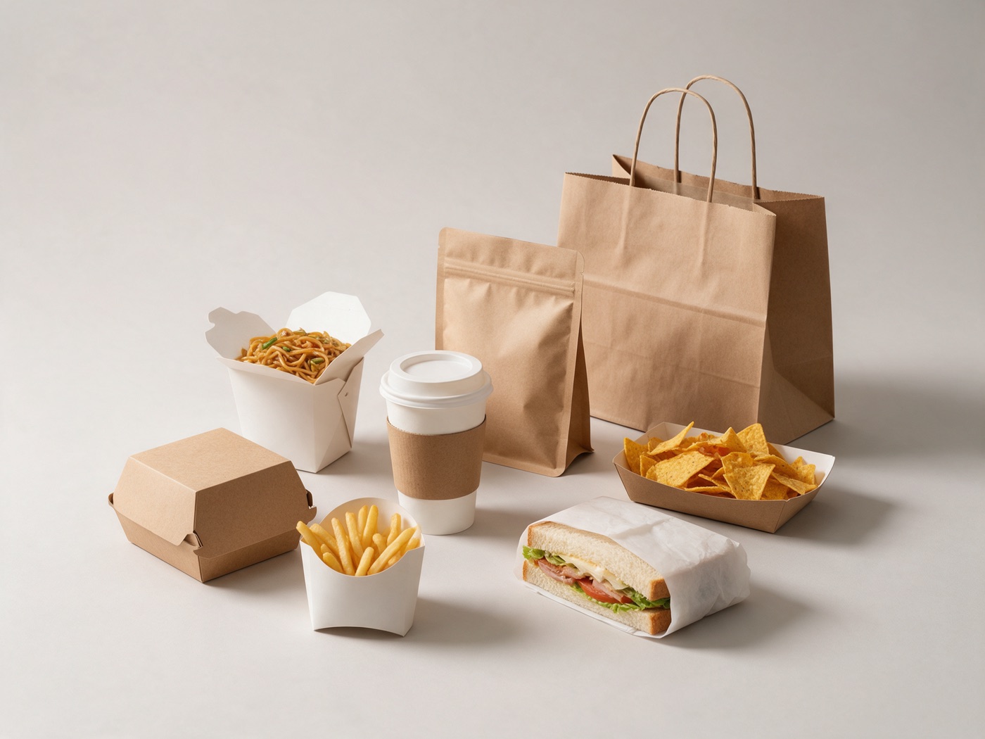 Custom food packaging in kraft and white — a burger box, a noodle box, a fry carton, a coffee cup with sleeve, a stand-up pouch, a carry bag, a nacho tray and a wrapped sandwich