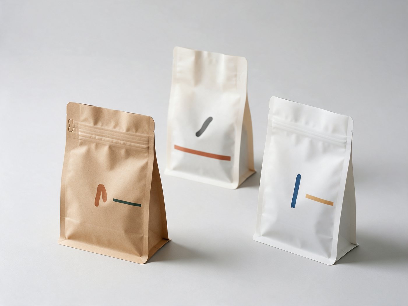 Custom printed stand-up pouches in kraft and matte white, two with press-to-close zippers
