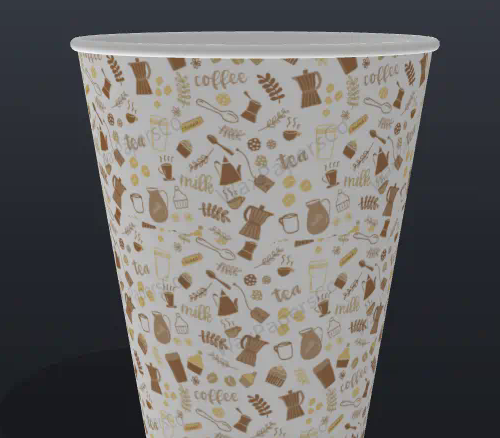 3D preview from the Wax Papers Co cup design tool, showing a coffee and tea doodle pattern on a 12 oz paper cup