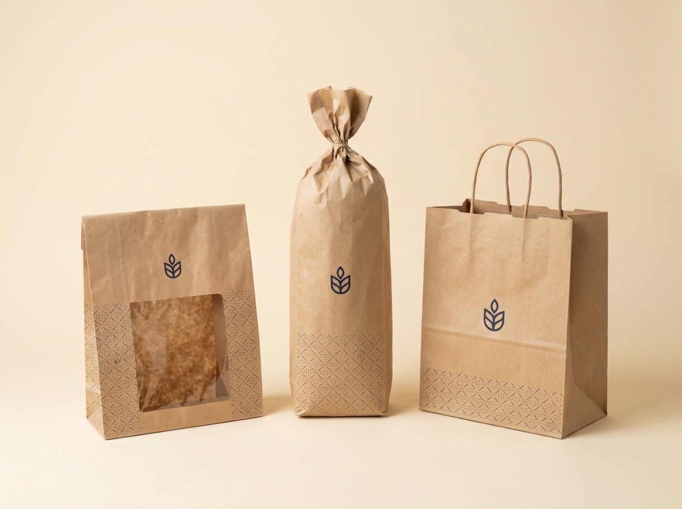 Custom printed kraft paper bags with a logo: window bakery bag, bread bag and takeout bag with handles