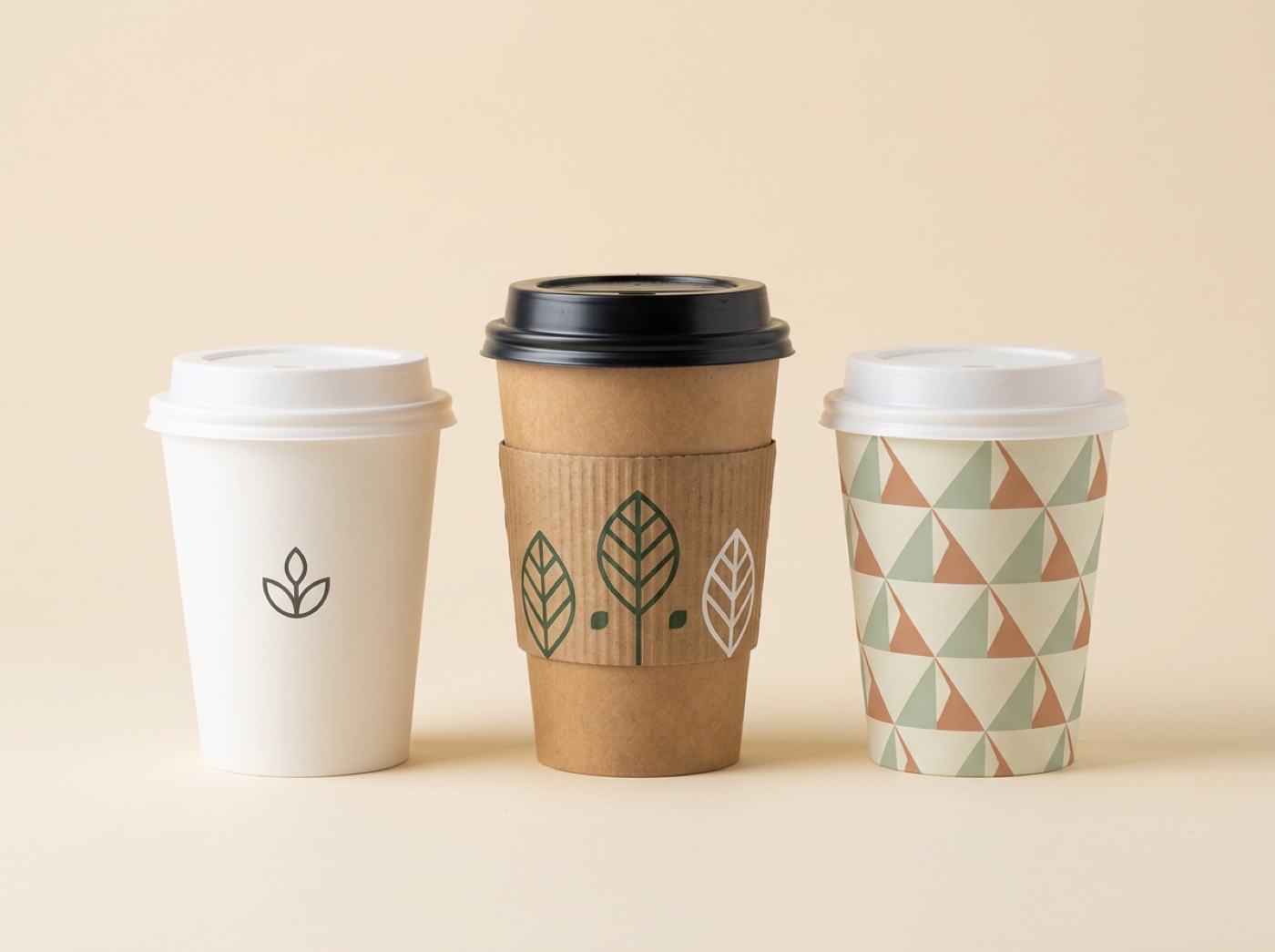 Three custom printed paper cups with lids, one with a printed kraft cup sleeve