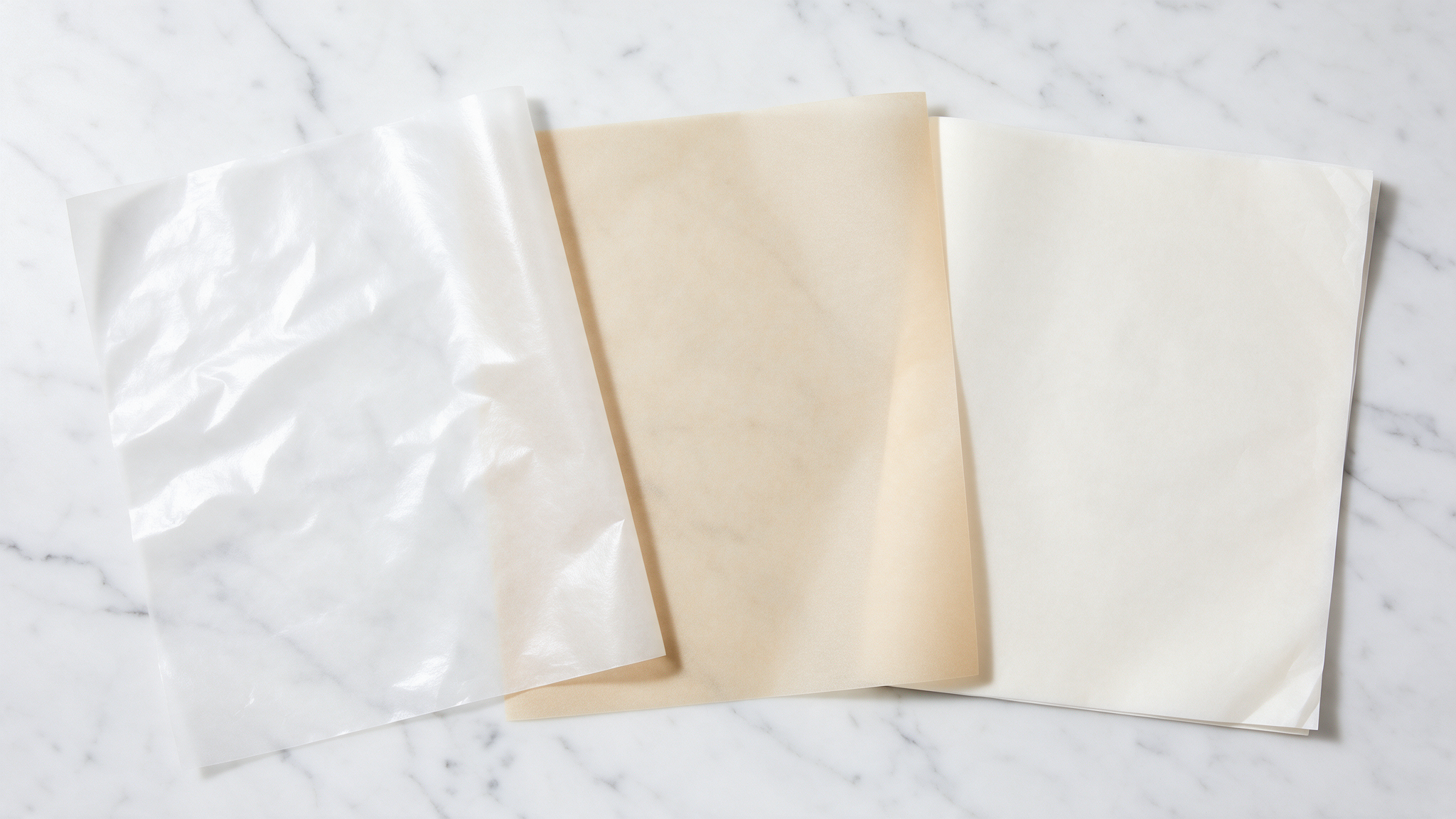 White wax paper, beige butter paper and parchment sheets laid side by side for comparison