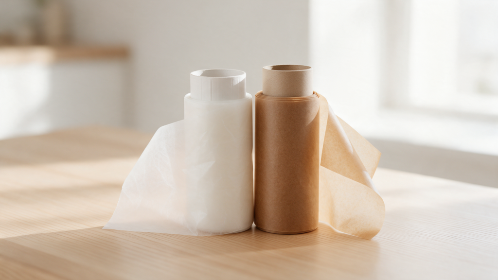 A roll of white wax paper and a roll of brown butter paper side by side on a kitchen counter