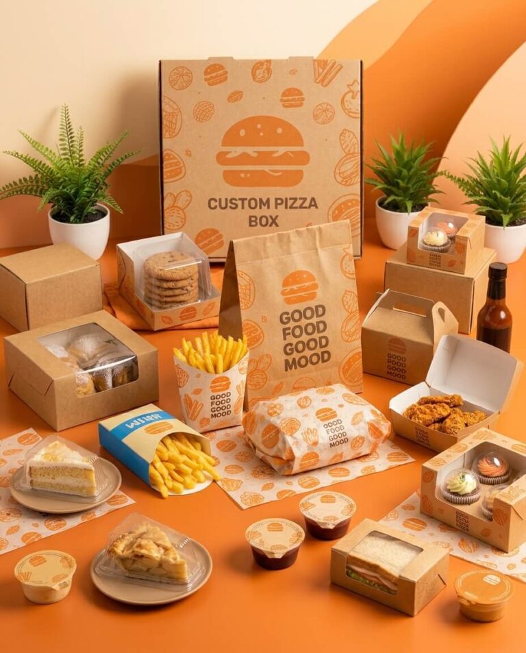 Branded kraft pizza, bakery, cupcake and fry boxes printed with a custom food brand