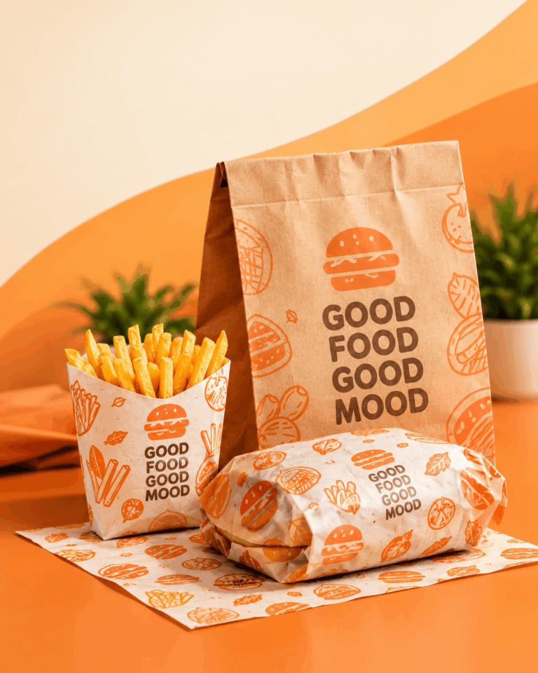 Branded kraft takeaway bag, fries carton and wrapped burger in custom printed food paper