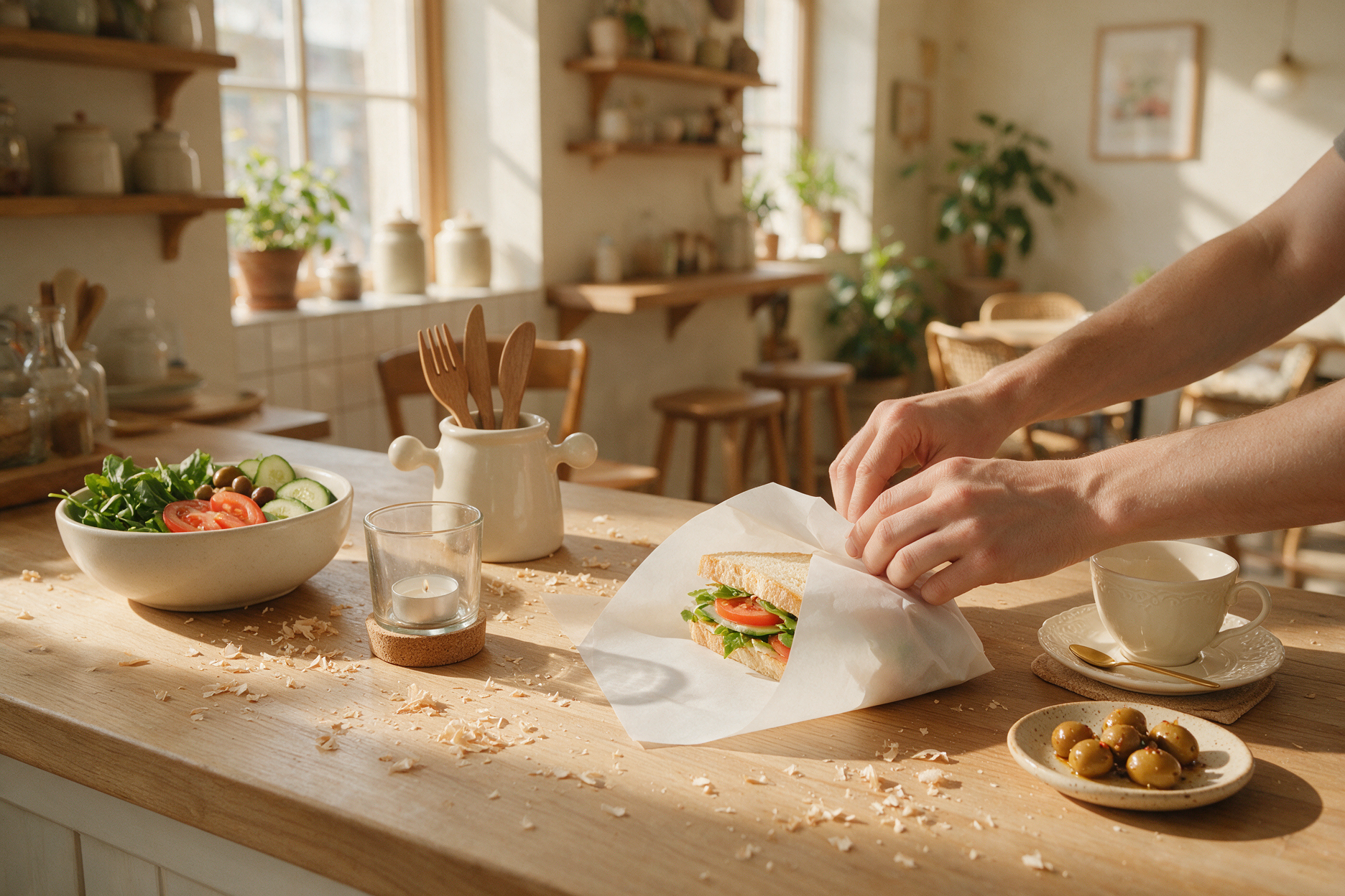 Hands wrapping a sandwich in food paper at a counter