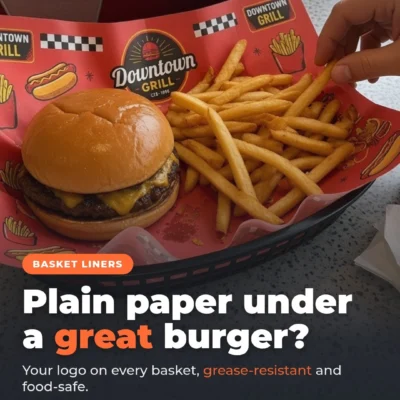 Plain paper under a great burger? 🍔 Custom food basket liners printed with your logo, so every baske